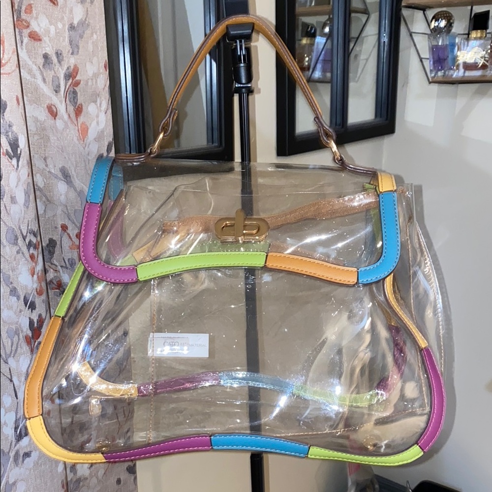 Cream and Blue Shoulder Bag with Curved Shape and Colorful Accents